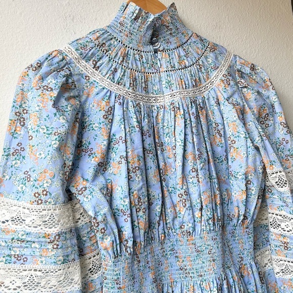 HUNTER BELL Blue Lace Smocked Neck Ryan Dress Ditsy Floral Sz XS - Picture 10 of 16